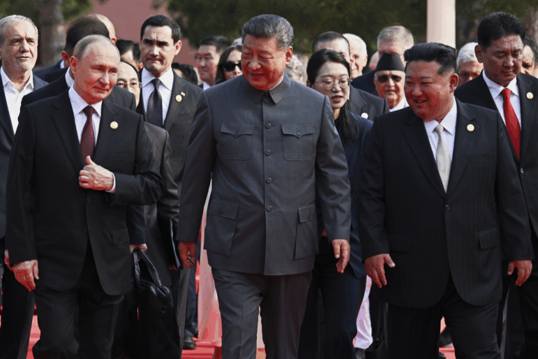 Front from left, Russian President Vladimir Putin, Chinese President Xi Jinping and North Korean leader Kim Jong Un ae seen at a military parade to commemorate the 80th anniversary of Japan's World War II surrender in Beijing on Sept. 3, 2025.