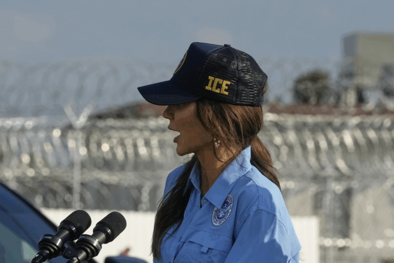 Homeland Security Secretary Kristi Noem speaks to reporters before touring "Camp 57," a facility to house immigration detainees at the Louisiana State Penitentiary in Angola, La., Wednesday, Sept. 3, 2025. (AP Photo/Gerald Herbert)