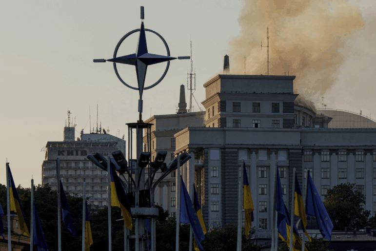Smoke rises from the Cabinet of Ministers building after a Russian strike in Kyiv, Ukraine, on Sunday, Sept. 7, 2025.