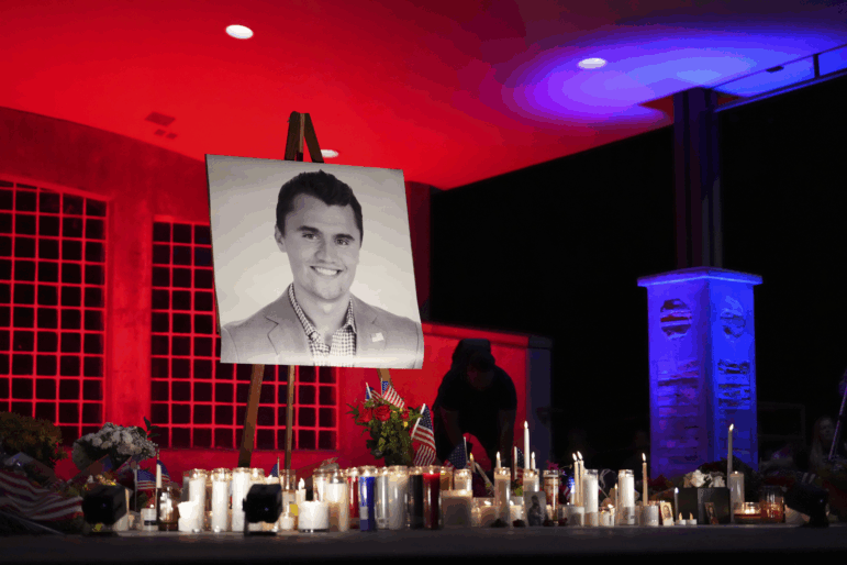 A photo of Charlie Kirk, the CEO and co-founder of Turning Point USA who was shot and killed, stands at his vigil, Thursday, Sept. 11, 2025, in Orem, Utah.