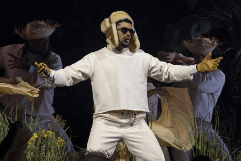 Bad Bunny performs during the final concert of his summer residency in his homeland at the Coliseo de Puerto Rico Jose Miguel Agrelot, in San Juan, Puerto Rico, Saturday, Sept. 20, 2025.