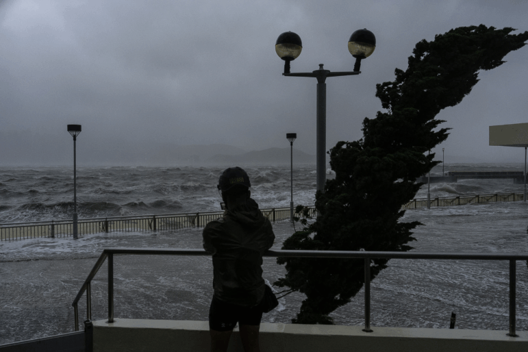 Strong waves crash against the waterfront in Heng Fa Chuen area as Super Typhoon Ragasa approaches in Hong Kong, on Wednesday.