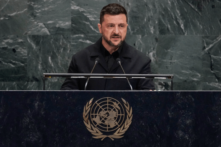 Ukrainian President Volodymyr Zelenskyy addresses the 80th session of the United Nations General Assembly, Wednesday.