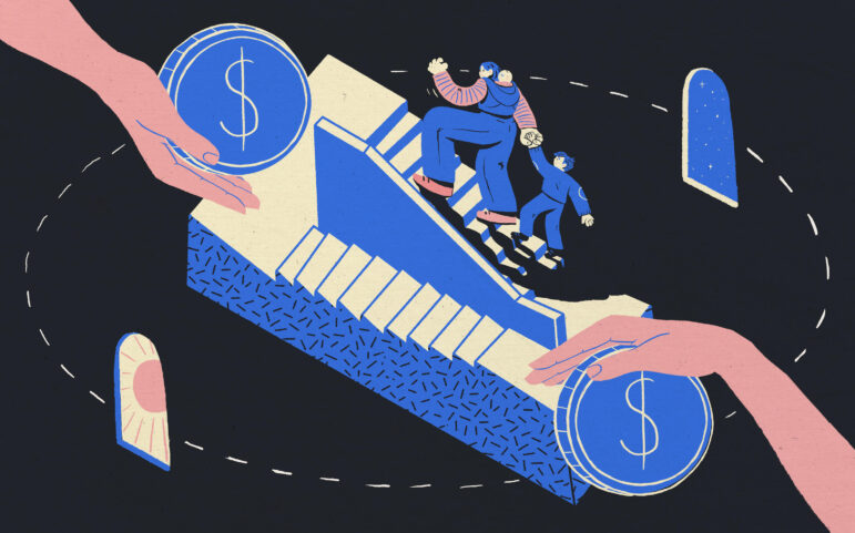 A woman and her children circle the Penrose stairs of funding.
