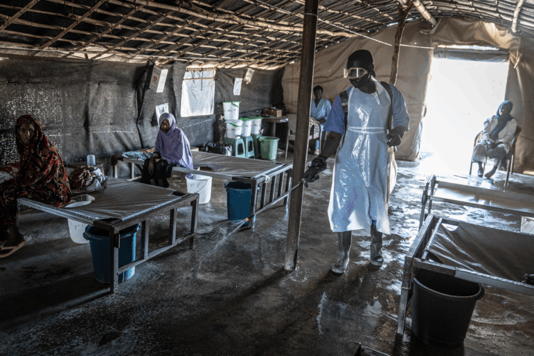 GEDAREF,SUDAN - JANUARY 19: The MSF Cholera Clinic Minaa El Bari IDP Site is cleaned on January 19,2025 in Gedaref, Sudan. In August of 2024, the Minaa El Bari IDP Site, which was a former bus station, was hit with a deadly wave of cholera that infected over 2000 patients, all of whom were IDPs who had fled violence in the Khartoum and Al Jazeera region of Sudan. New waves of the disease hit Khartoum in April and May of 2025. (Photo by Giles Clarke/Avaaz via Getty Images)