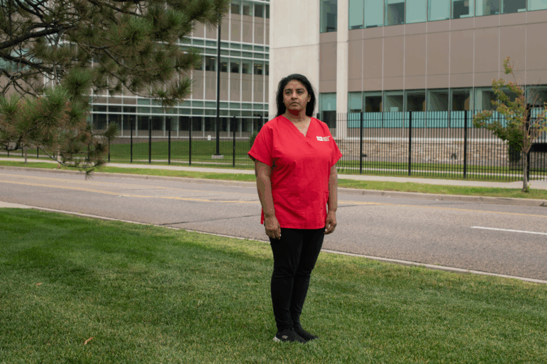 Sharda Fornnarino stands outside the Rocky Mountain Regional VA Medical Center in Aurora, Colo.