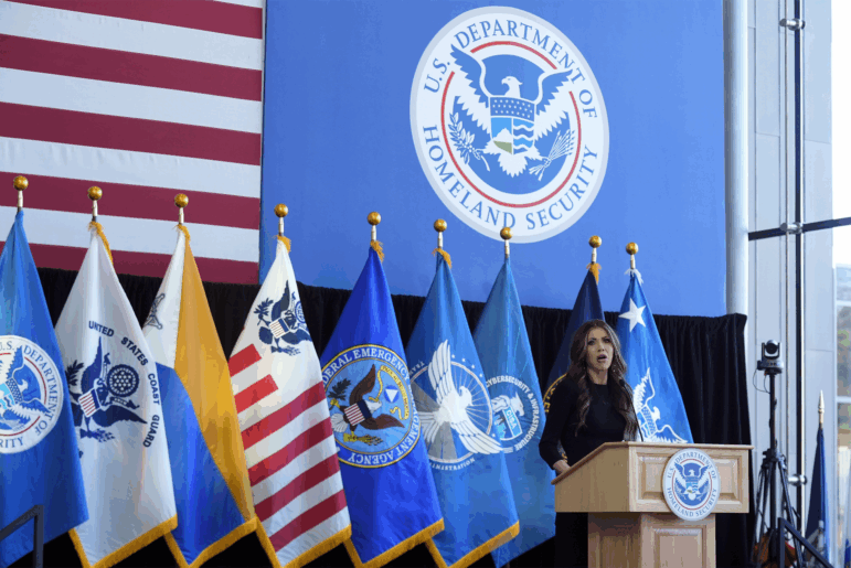 Homeland Security Secretary Kristi Noem speaking at the Department of Homeland Security headquarters in January 2025.