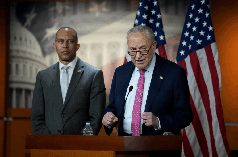 Senate Minority Leader Charles Schumer, D-N.Y., and House Minority Leader Hakeem Jeffries, D-N.Y., speak at a press conference at the U.S. Capitol on June 11, 2025 in Washington, D.C.