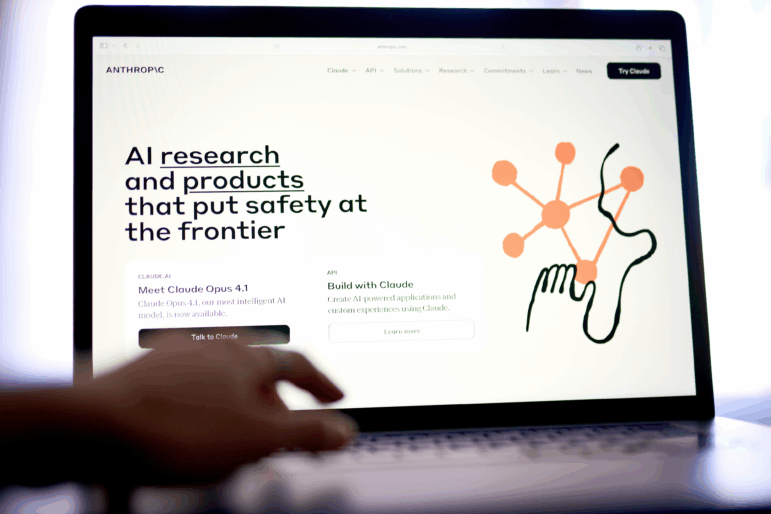 The Anthropic website on a laptop arranged in New Hyde Park, New York, on Aug. 22. Anthropic is one of the leading artificial intelligence companies. The company's CEO was among those that signed a public statement in 2023 acknowledging the "risk of extinction from AI."