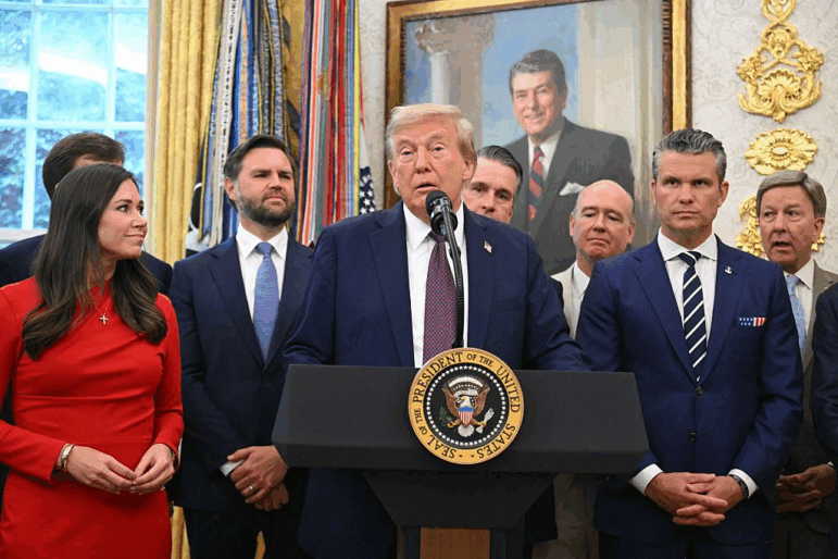 President Trump speaks in the Oval Office of the White House on Tuesday. Trump announces that U.S. Space Command will move its headquarters from Colorado to Alabama.