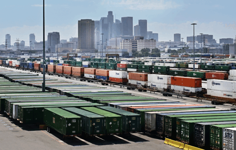 Shipping containers at a Los Angeles rail yard on Sept. 2, 2025, the day that President Trump said he would seek a swift ruling from the Supreme Court on his tariffs.