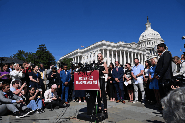 Anouska De Georgiou speaks during a press conference and rally in support of the victims of Jeffrey Epstein and his accomplice Ghislaine Maxwell outside the U.S. Capitol on Wednesday.