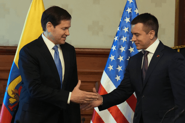 U.S. Secretary of State Marco Rubio (left) and Ecuador's President Daniel Noboa shake hands at the Carondelet presidential palace in Quito, Ecuador, on Thursday.
