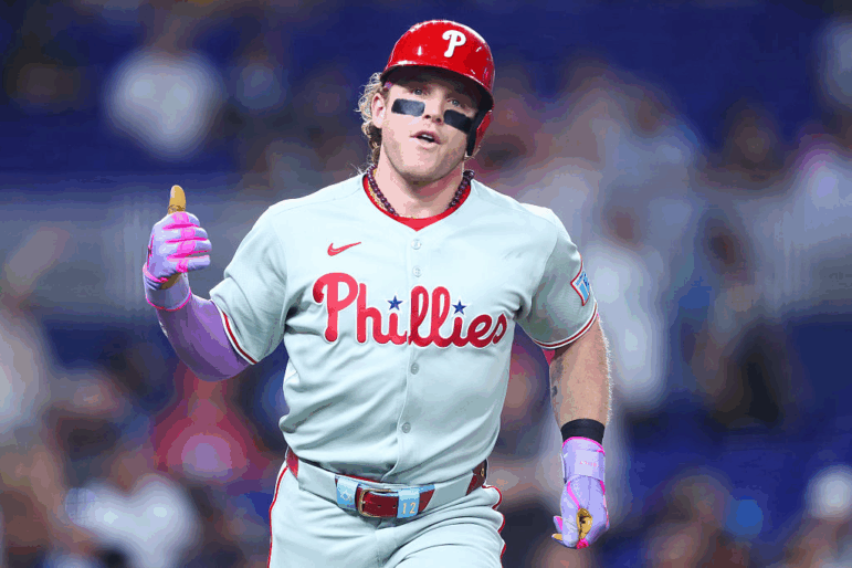 Harrison Bader #2 of the Philadelphia Phillies reacts after hitting a home run against the Miami Marlins during the fourth inning of the game at loanDepot park on Sept. 05, 2025 in Miami, Florida.