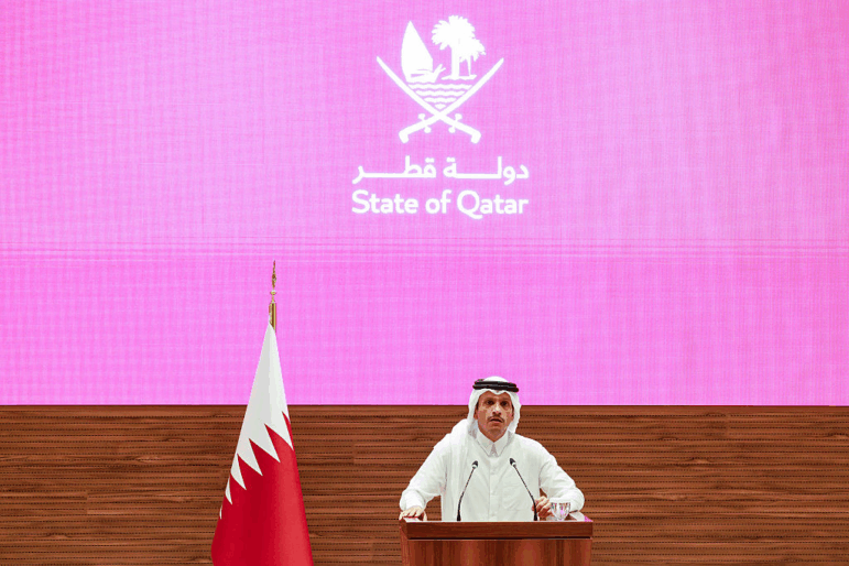 Qatar's Prime Minister and Foreign Minister Mohammed bin Abdulrahman Al Thani addresses a press conference following Israeli strikes in Doha on Tuesday.