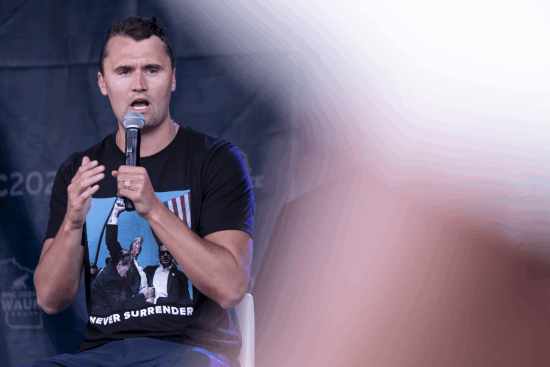 Charlie Kirk is shown outside Milwaukee's Baird Center at the Republican National Convention on July 17, 2024.