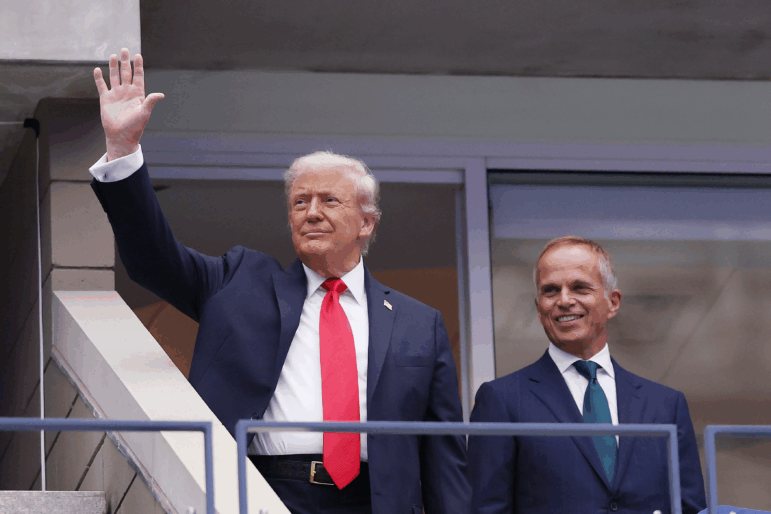 President Trump and Rolex CEO Jean-Frederic Dufour arrive in the Rolex suite prior to the men's singles final match between Jannik Sinner of Italy and Carlos Alcaraz of Spain on Sunday in New York City.
