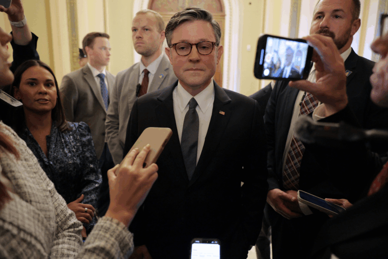 House Speaker Mike Johnson, R-La., talks with reporters at the U.S. Capitol on September 15, 2025 in Washington, DC.