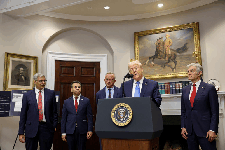 President Donald Trump and, from left: Dr. Jay Bhattacharya, director of the National Institutes of Health, Dr. Marty Makary, Food and Drug Administration commissioner, Health and Human Services Secretary Robert F. Kennedy Jr., and Dr. Mehmet Oz, administrator of the Centers for Medicare & Medicaid Services.