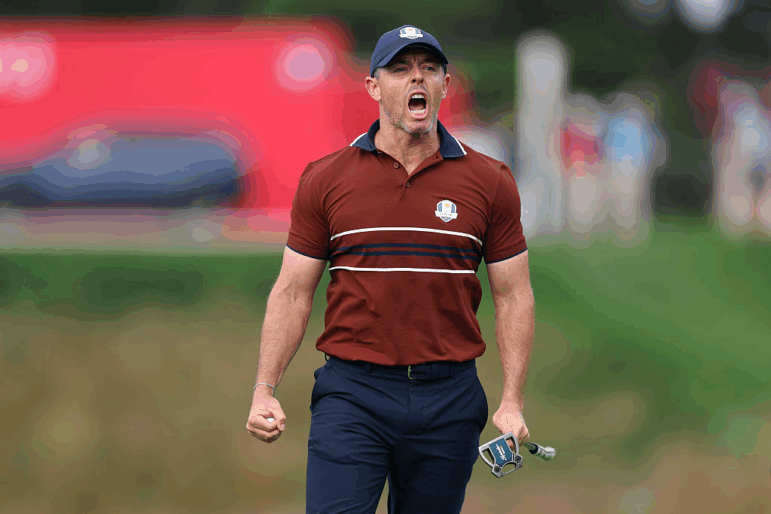 Rory McIlroy of Team Europe reacts on the 14th green during the Saturday afternoon four-balls matches of the 2025 Ryder Cup at Black Course at Bethpage State Park Golf Course on Sept. 27, 2025.
