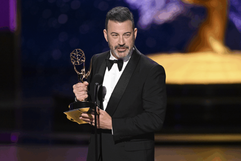 Jimmy Kimmel accepts the Outstanding Host for a Game Show Emmy for Who Wants To Be A Millionaire during night two of the Television Academy's 2025 Creative Arts Emmy Awards on Sept. 7, 2025 at the Peacock Theater in Los Angeles.
