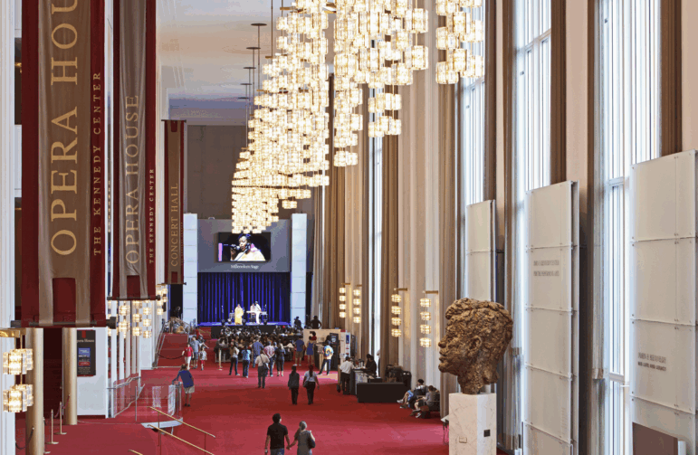 The grand foyer in the John F. Kennedy Center for the performing arts