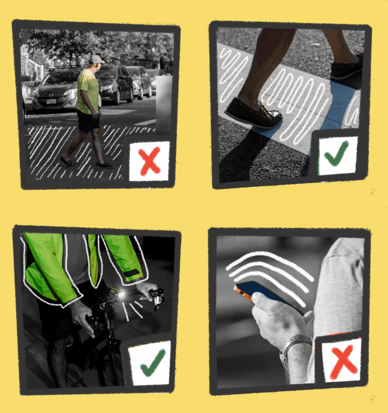 A grid of four black-and-white photos annotated with hand drawn doodles and selective coloring show safety do's and don'ts for pedestrians and bikers, including: not crossing the street where there isn't a crosswalk, using marked crosswalks and sidewalks, using bike lights and bright, reflective clothing, and paying attention to your surroundings.