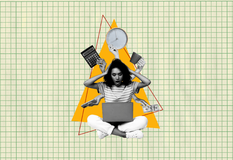 A photo collage shows an overwhelmed college student depicted in black-and-white sitting cross-legged on the ground. She holds her hands to her head in disbelief while she looks down at a laptop. Behind her, five extra hands hold out objects including money, a calculator, a coffee cup, a clock and a phone, symbolizing her many responsibilities in managing her budget while studying. Behind her is a yellow triangle, a red outline of a triangle, and everything is set on a graph paper backdrop.