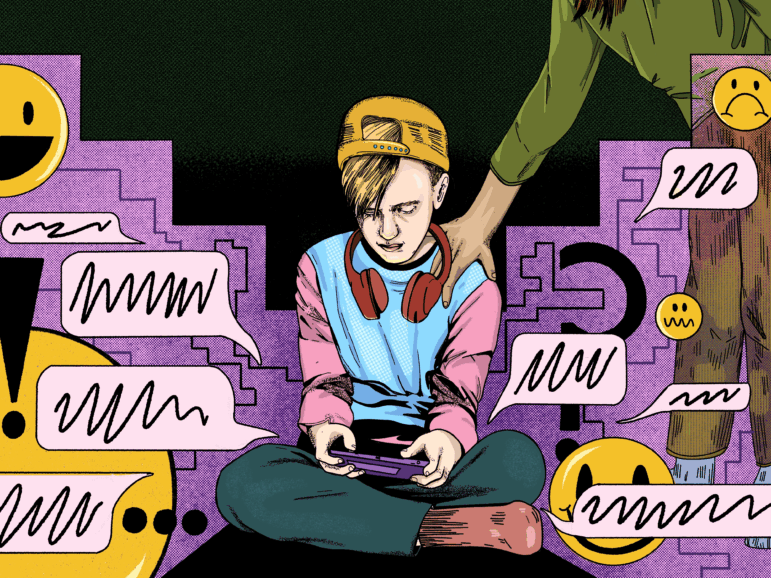An illustration depicts a preteen boy with white skin and blond hair, wearing a backward baseball hat. He sits cross-legged on the floor with over-the-ear headphones pulled down around his neck, while he stares down at a tablet in his hands. Speech bubbles, emojis, an exclamation point and a question mark emanate from the screen, off to either side of him. A hand reaches into the frame as his parent puts a hand on his shoulder, symbolizing discussing the use of AI with your children and teens.