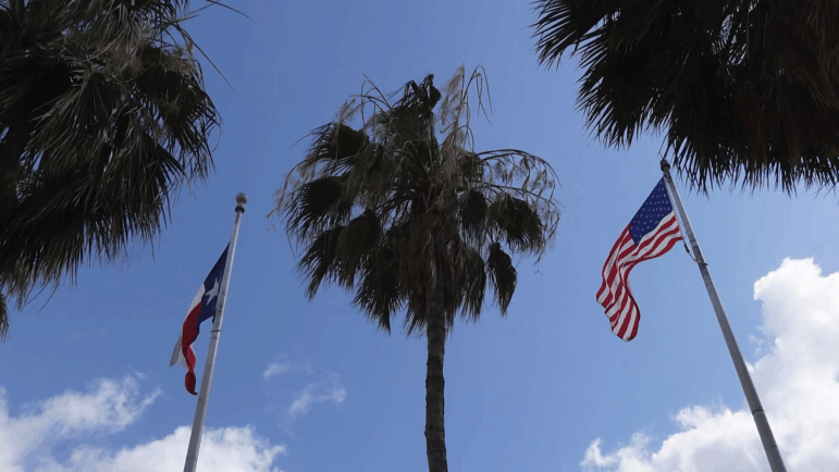 A skyscape shows an American flag, a Texas flag and several palm trees.