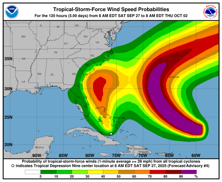 A projection of possible storm-force winds.
