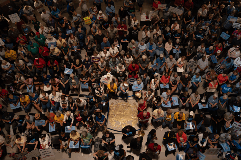 Thousands gather to protest the Missouri legislature’s efforts to redraw congressional maps to favor the GOP and amend the initiative petition process on Wednesday, Sept. 10, 2025, at the state Capitol in Jefferson City.