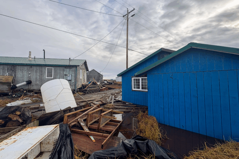 The remnants of typhoon Halong floated homes off their foundations and washed debris across the Western Alaska village of Kwigillingok on Thursday, Oct. 16, 2025. Residents lost boats, four-wheelers and snowmobiles/snowmachines — some of which scattered miles away from the community.