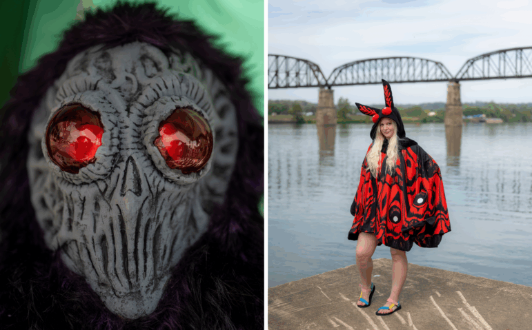 (Left) A cryptid mask with red shiny eyes, a gray face and black fuzz. (Right) Selah Miller of Charleston, W.Va., poses for her portrait along the Ohio River wearing a red and black moth cape with a hood featuring red eyes and antennae.