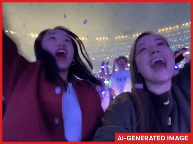 A still showing an AI-created crowd at a big public event from OpenAI's publicity video for its new video generation platform Sora 2. AI crowd scenes have traditionally posed a big technical challenge for companies like OpenAI and Google. But their models are improving all the time.