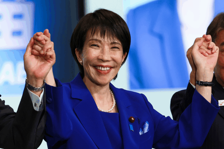 Newly-elected leader of Japan's Liberal Democratic Party (LDP) Sanae Takaichi celebrates after winning the LDP leadership election in Tokyo, Japan, on Saturday.