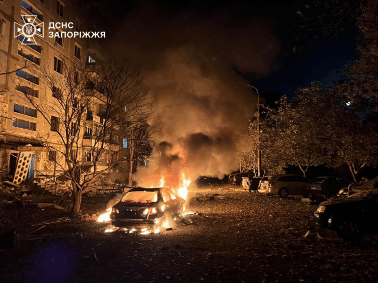 In this photo provided by the Ukrainian Emergency Service, fire and smoke raises after a residential building was damaged during Russia's air strike in Zaporizhzhia, Ukraine, Sunday, Oct. 5, 2025.