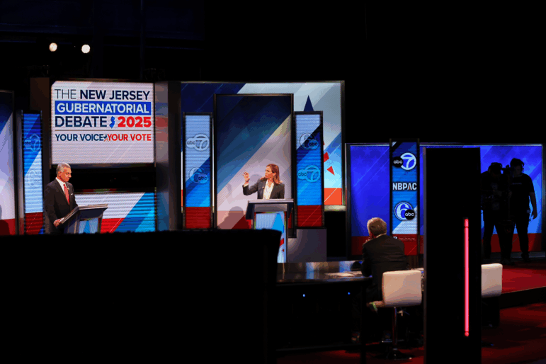 Republican Jack Ciattarelli, left, and Democrat Mikie Sherrill participate in the final debate in the New Jersey governor's race, Oct. 8, 2025, in New Brunswick, N.J.