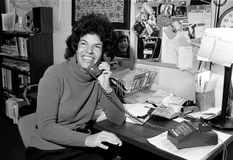 National Public Radio's Susan Stamberg holds a phone in her Washington, D.C., office, on Oct. 13, 1979.