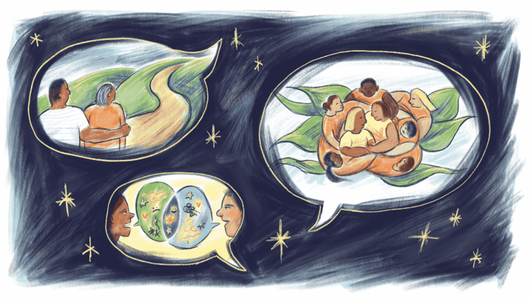 An illustration of speech bubbles in a starry dark sky, with images of people helping each other in each of them.