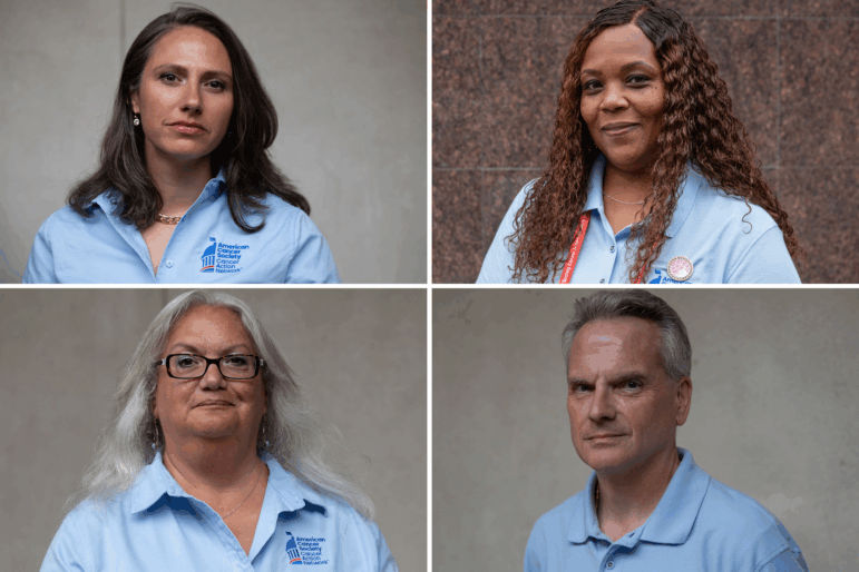 The photograph is a grid of four portraits. Each person wears a light blue shirt with an American Cancer Society logo.