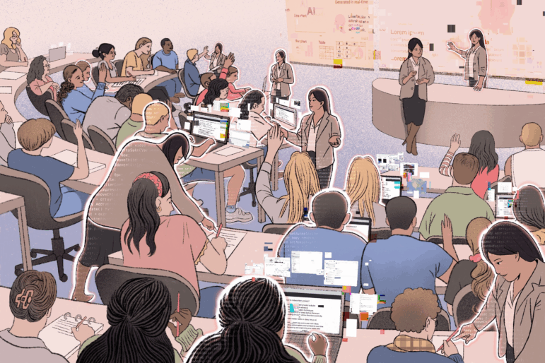 An illustration of a teacher standing at the front of a college classroom, teaching about AI. Meanwhile, throughout the classroom, an image of the same teacher, but with bits of code on her clothing, is seen throughout the classroom, performing different tasks.