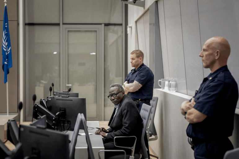 Former senior commander of the Sudanese Janjaweed militia Ali Muhammad Ali Abd-Al-Rahman, appears for a hearing over war crimes and crimes against humanity committed during the Darfur conflict in 2003-04 at the International Criminal Court in The Hague.
