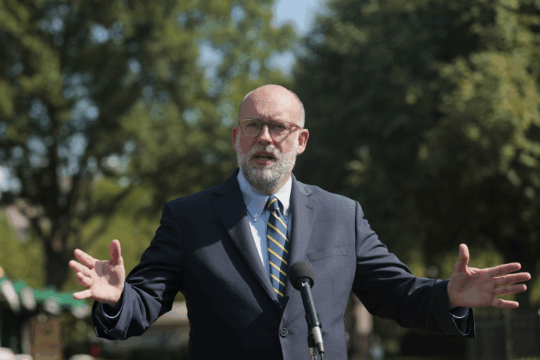 WASHINGTON, DC: Russell Vought, Director of the Office of Management and Budget (OMB), speaks with reporters outside of the West Wing of the White House on July 17, 2025 in Washington, DC. Vought was asked a range of questions pertaining to Federal Reserve Board Chairman Jerome Powell. (Photo by Anna Moneymaker/Getty Images)