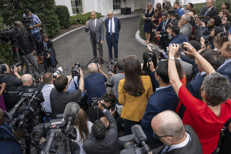 House Minority Leader Hakeem Jeffries and Senate Minority Leader Chuck Schumer both from New York City speak to reporters outside the White House in Washington, DC, on September 29, 2025, after meeting with Republican Leadership and US President Donald Trump ahead of the government shutdown. Trump has now frozen $18 billion in infrastructure funding for projects in their city.
