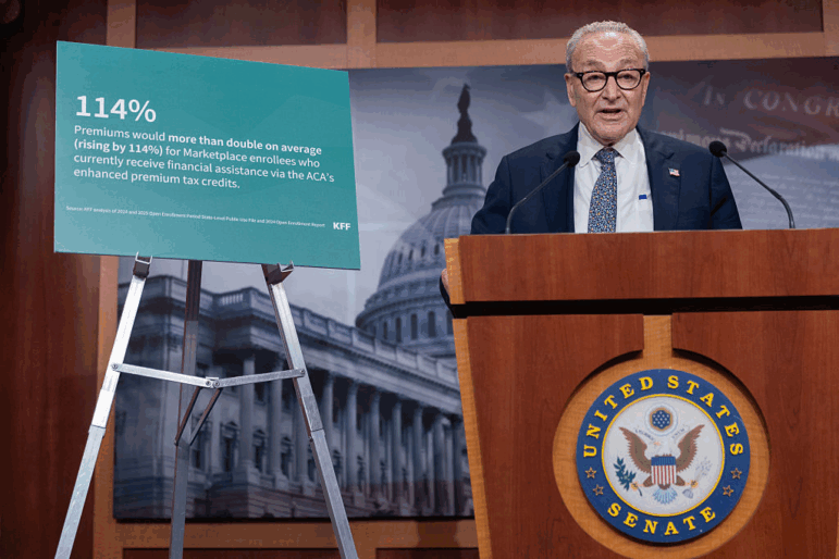 Senate Minority Leader Chuck Schumer, D-N.Y., speaks at a press conference with other members of Senate Democratic leadership following two failed votes to fund the government, in Washington, DC on September 30, 2025.