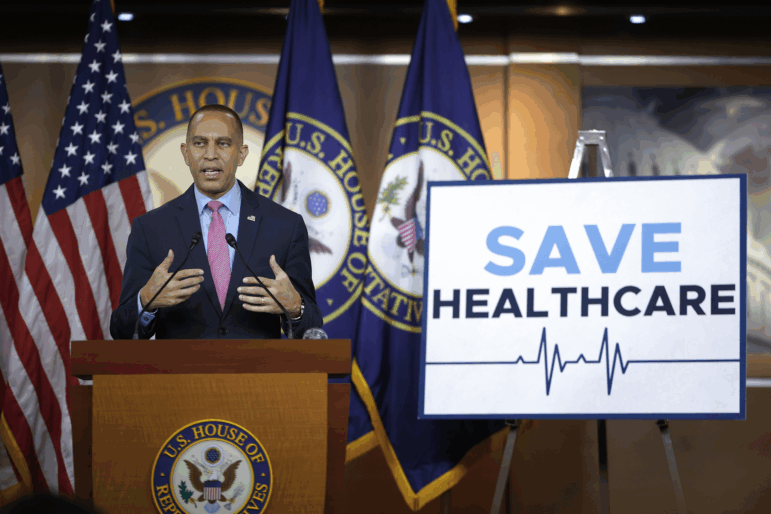U.S. House Minority Leader Hakeem Jeffries (D-NY) holds a news conference at the U.S. Capitol Building on October 3, 2025 in Washington, DC. The federal government shut down early Wednesday after Congress and the White House failed to reach a funding deal.