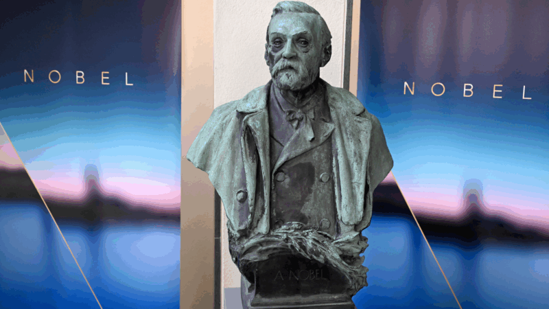 A bust of Swedish chemist, inventor and businessman Alfred Nobel, founder and namesake of the Nobel Prizes, is pictured on October 6, 2025 at the Karolinska Institute in Stockholm, Sweden.