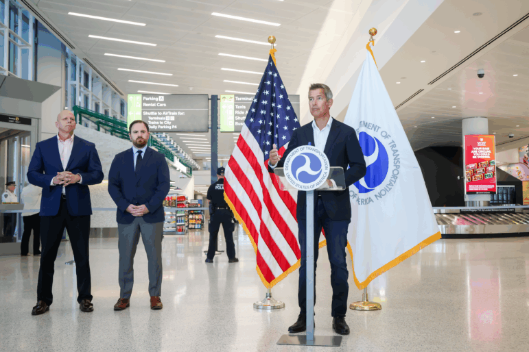 Transportation Secretary Sean Duffy speaks during a press conference at Newark Liberty International Airport in New Jersey on Monday.