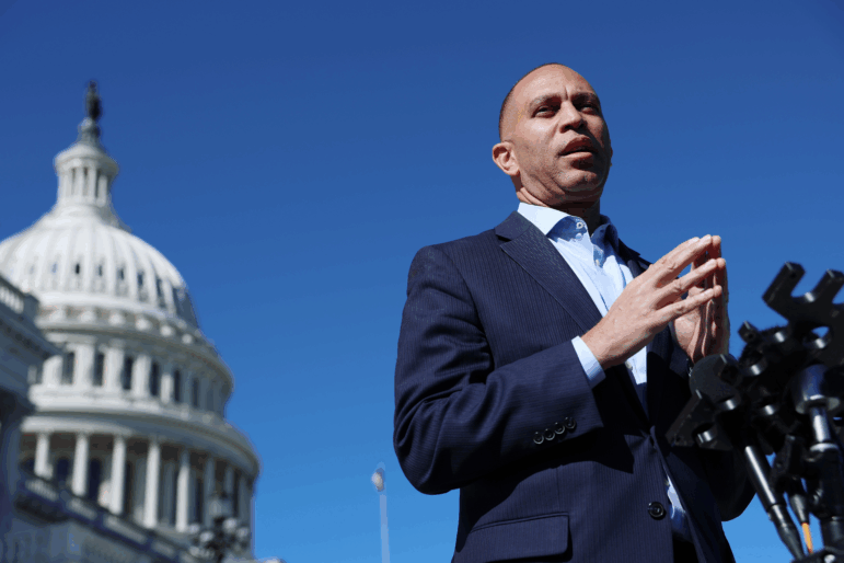 U.S. Minority Leader Hakeem Jeffries (D-NY) speaks to reporters outside of the U.S. Capitol on October 16, 2025.